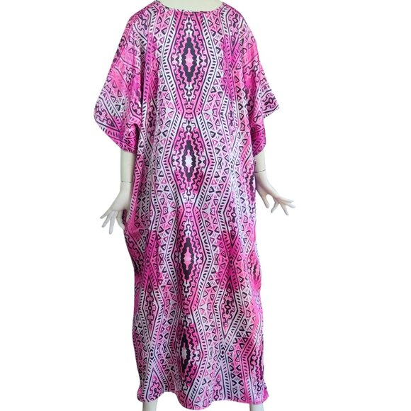 WINLAR Minka Pink Goddess Bohemian Geometric Tribal Print Kaftan Caftan OSFM - Picture 2 of 6